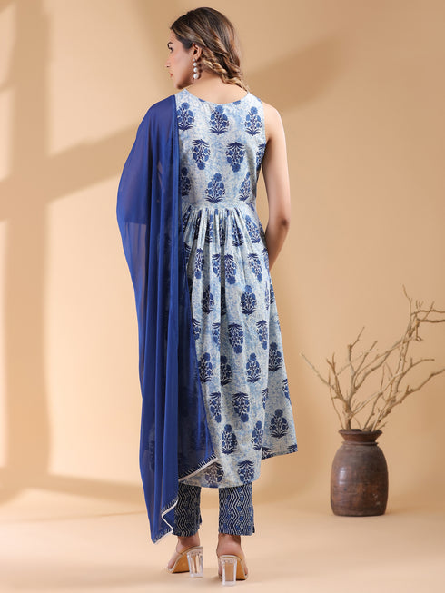 Indigo Pure Cotton Floral Printed A-line Kurta Set